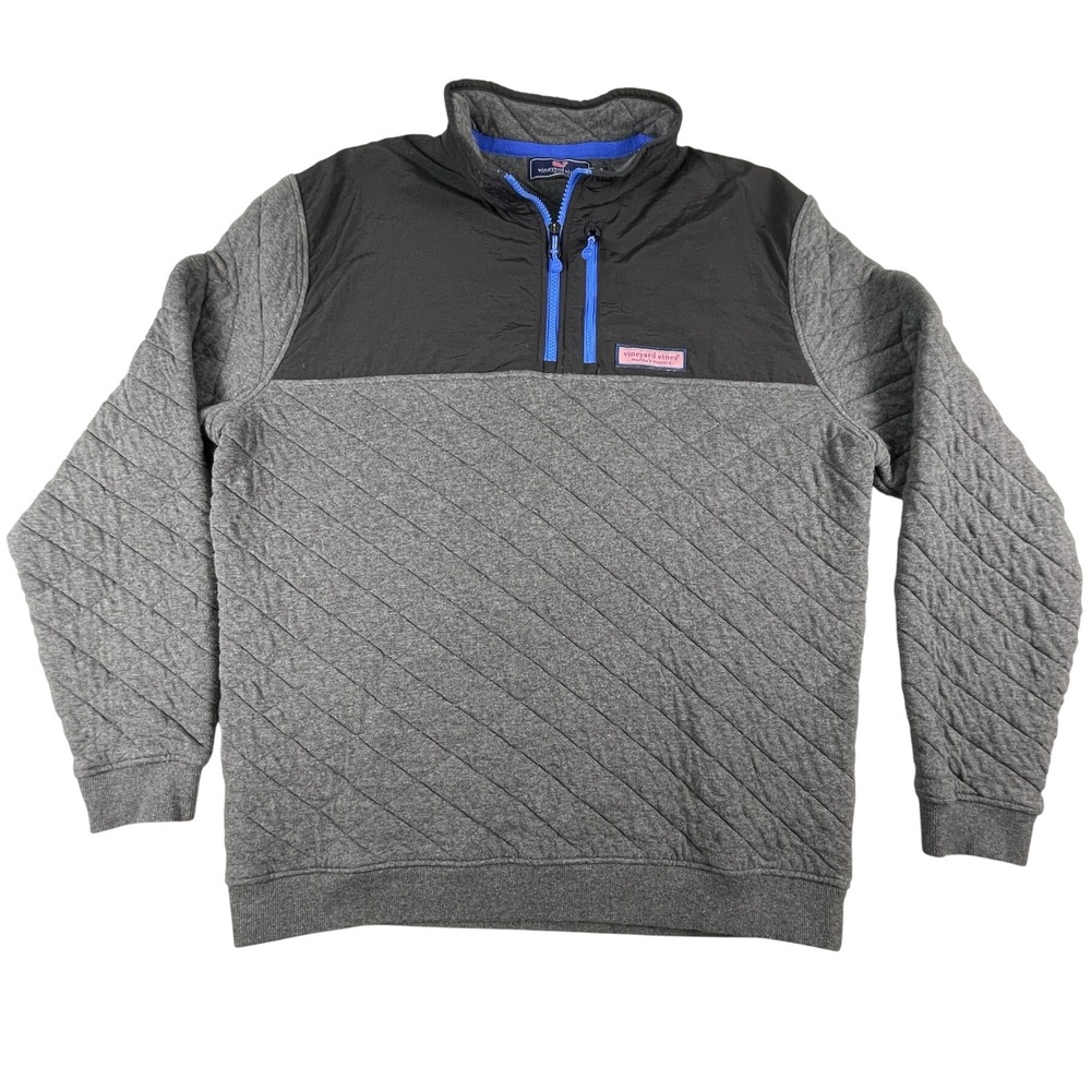 Vineyard Vines Pullover Mens L Gray Black Quilted Mixed Media 1/4 Zip Sweater